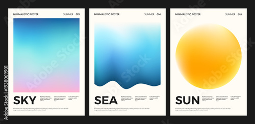 Modern abstract posters set. Minimalist nature backgrounds with geometric gradient mesh shapes. Blurred colorful summer art with sky, sea, sun. Vector design for wall art, poster, banner, flyer, cover