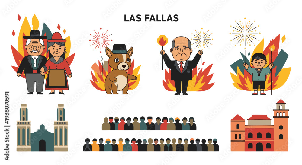 Fototapeta premium Las Fallas festival celebration with traditional figures and fireworks