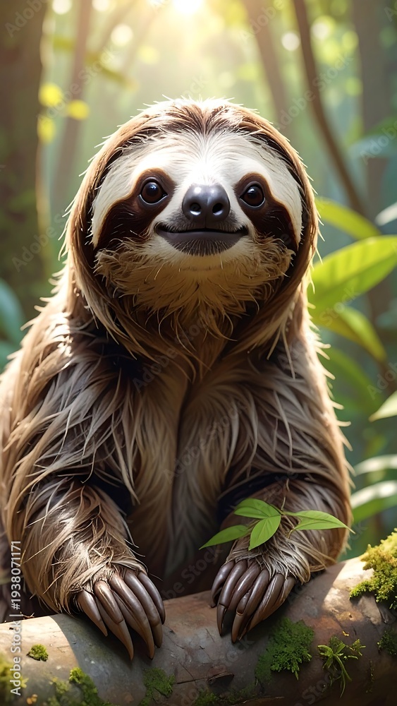 Fototapeta premium Close-up of a happy sloth in a vibrant jungle, basking in sunlight