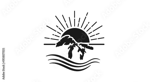 Black silhouette sun palm trees waves.