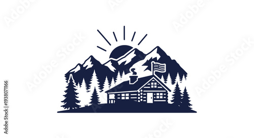 Mountain Lodge with American Flag.