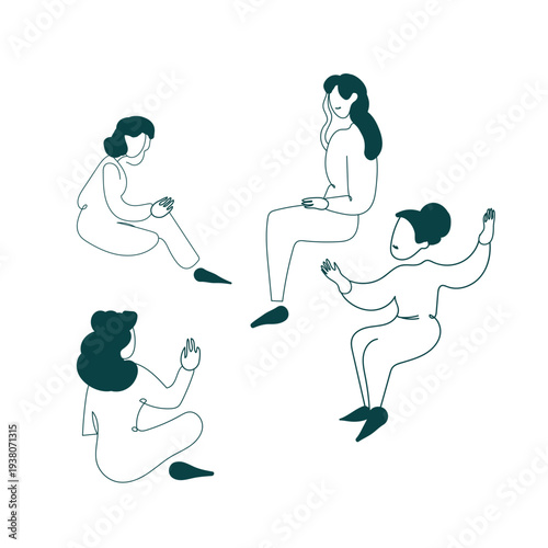 female sitting talking set people characters sketch vector isolated line design elements female 