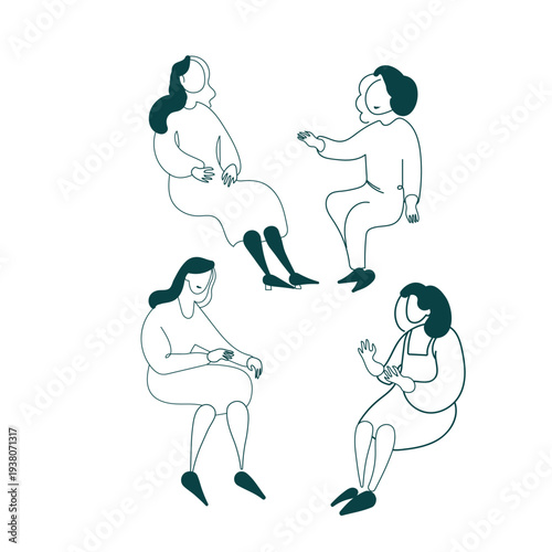 female sitting talking set people characters sketch vector isolated line design elements female 