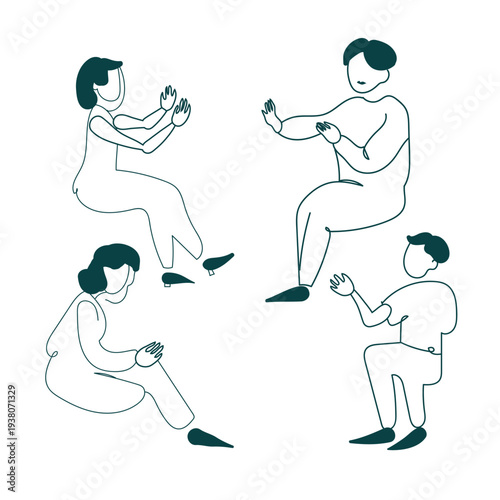 set sitting children teens characters sketch vector isolated line design elements 