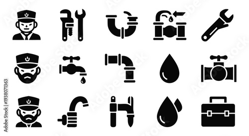 Set of 15 plumber related black icons for maintenance and repair services