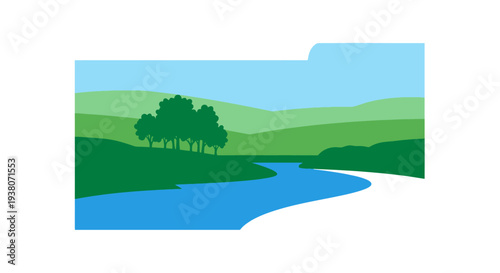River Landscape With Trees And Hills.