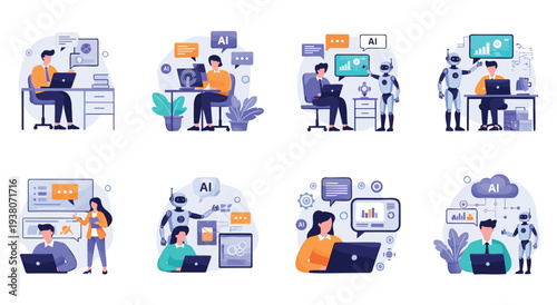 Collection of people interacting with artificial intelligence technology concept designs