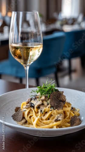 Golden pasta twirls are elegantly plated with savory truffles, bringing rich flavors to life. A glass of crisp white wine compliments the fine dining experience in a modern atmosphere