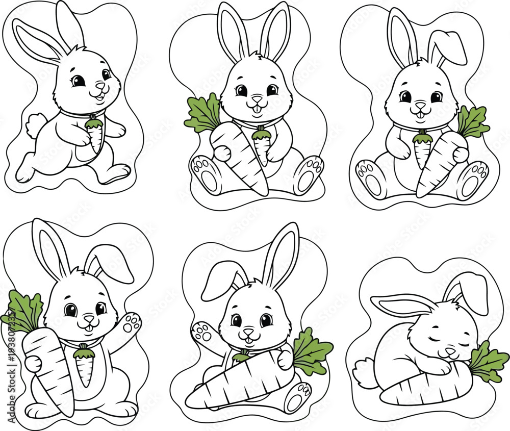 Obraz premium Six cartoon bunnies holding carrots in various poses Black outline coloring book