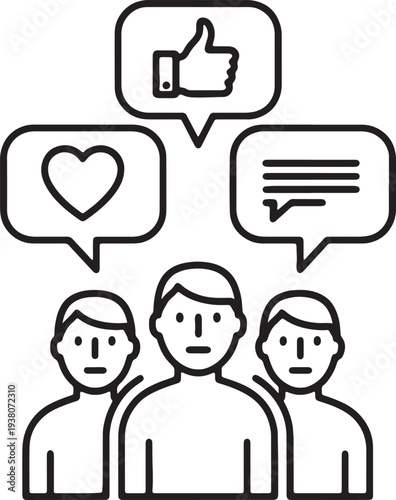Three people with speech bubbles showing social media interactions