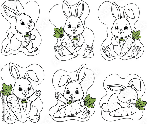Six cartoon bunnies holding carrots in various poses Black outline coloring book