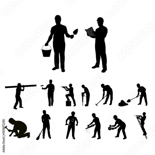 Builders at Work: A set of silhouettes showcasing construction workers in various roles, highlighting the diverse tasks and skills involved in building and craftsmanship.