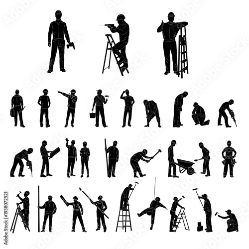 Construction Workers' Silhouette: A comprehensive collection of construction workers performing various tasks, rendered as stark black silhouettes against an unseen background.