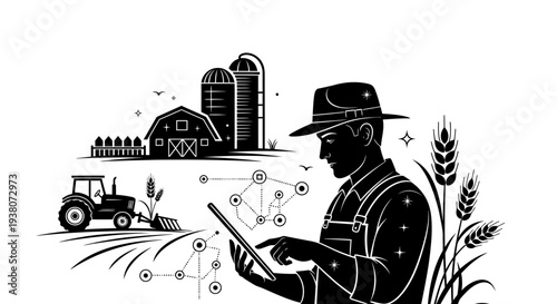 Farmer using digital tablet outdoors.