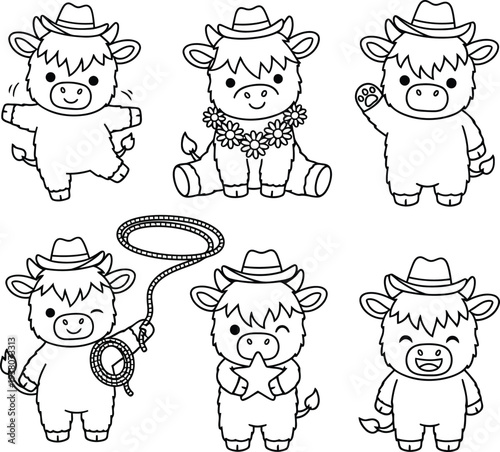 Six cartoon highland cows wearing cowboy hats and various accessories Black outline coloring book