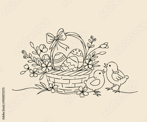 Easter Basket with Decorated Eggs and Cute Chicks Line Art Illustration