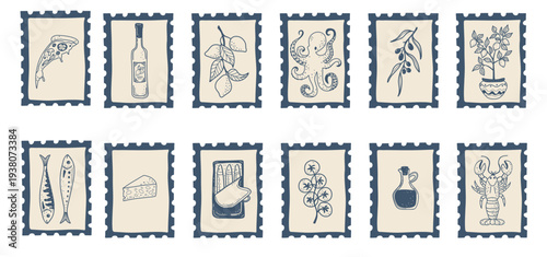 Hand-drawn vintage stamps inspired by Italian cuisine and seaside travel: fish, lobster, lemons, pizza and Mediterranean kitchen elements.