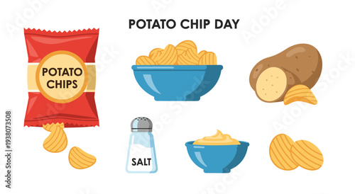 Potato chip day snack collection with salty crisps and dip for party food theme