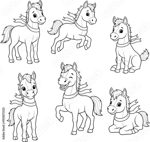 Six cartoon horses in various poses Black outline coloring book black and white line art