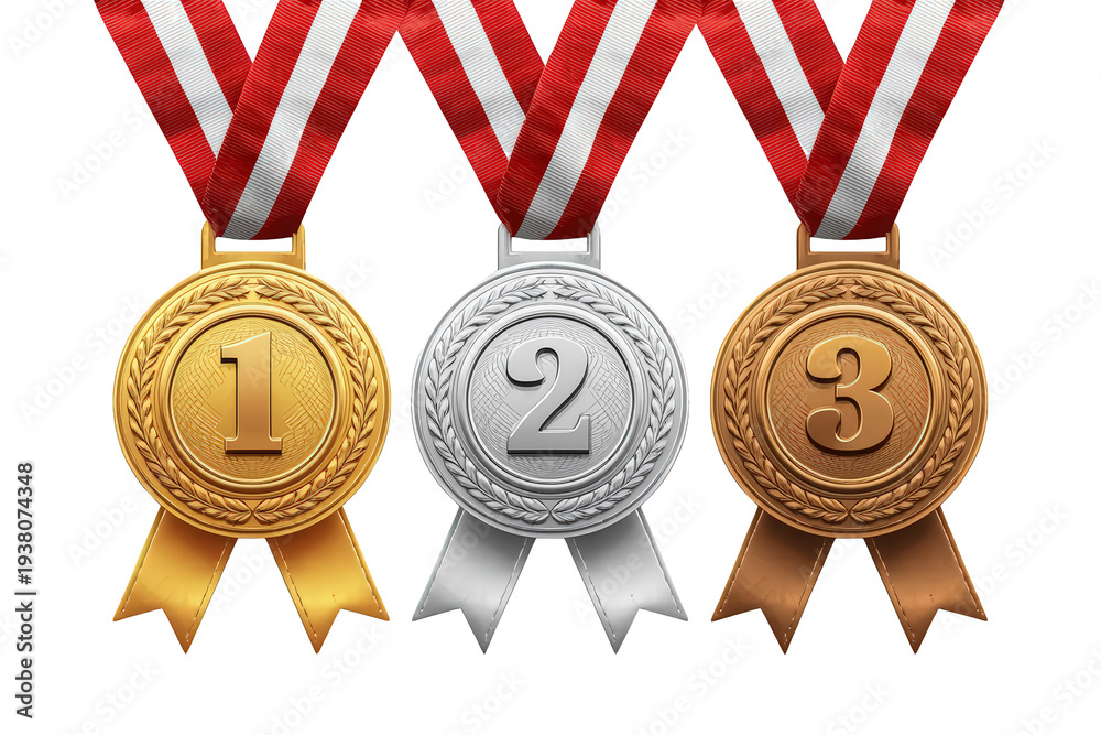 Naklejka premium Gold, silver, and bronze medals with red and white ribbons, symbolizing sport achievement, success, and competition