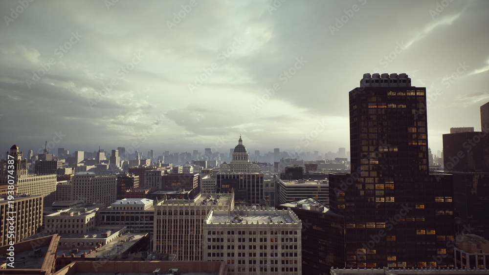 Obraz premium sunburst behind glass corporate tower skyline, dynamic urban vista of reflective highrise and street grid with warm lens flare moody clouds and sharp shadows,