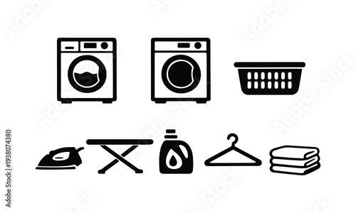 Laundry Equipment and Clothing Care Icons Line Drawing Vector