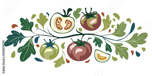 Folk art garden heirloom tomato vine arrangement with ripe and green tomatoes, Whimsical illustration, stylized vegetable botanical border with leaves, Colorful rustic harvest set, decorative vector