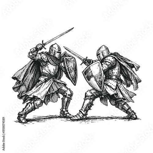 Hand Drawn Sword Duel with Plate Armor, Shields, and Capes Woodcut Engraving