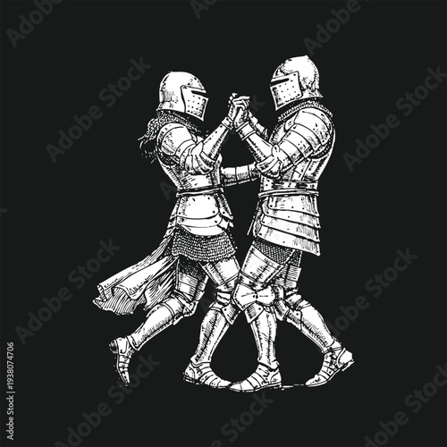 Romantic Medieval Couple in Full Plate Armor Engraving on Black Background