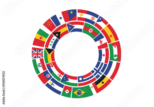 Circular arrangement of world flags forming a ring on white