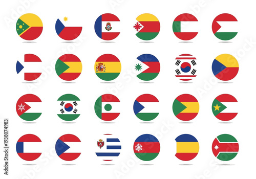 Grid of 24 circular icons displaying national flags in partial circular formats
