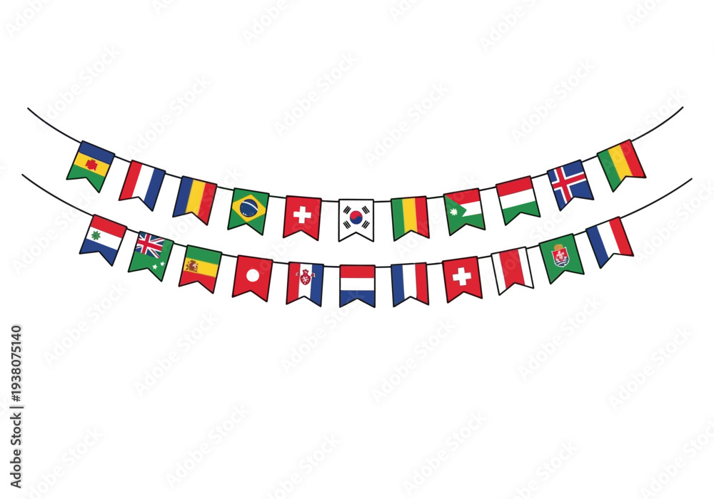 Obraz premium Two strings of international country flags bunting against a white background