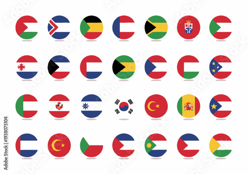 Grid of circular icons stylized as flags of various nations