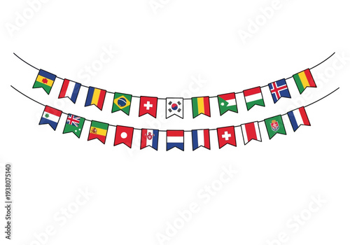 Two strings of international country flags bunting against a white background