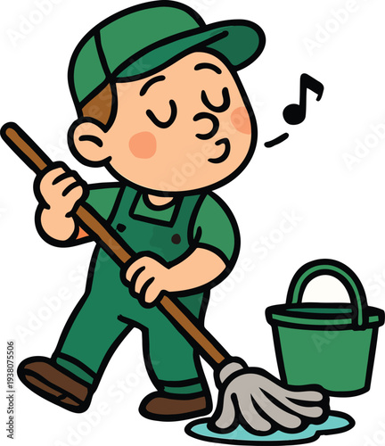 Happy Janitor Cleaning Floor with Mop Cartoon Flat Vector Worker Character Isolated on White