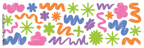 Chalk Doodle Blob Shapes Vector Collection, Featuring Crayon Comic Clouds, Floral Forms, and Organic Groovy Stickers in Hand Drawn Sketch Style with Grunge Texture.