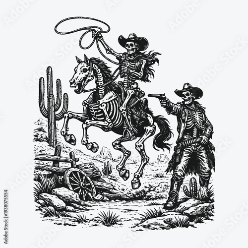 Schilderij op canvas Vintage Skeleton Cowboy and Undead Outlaw on Skeletal Horse with Lasso and Pisto
