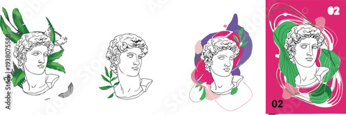 Set of creative Greek statue illustrations with colorful abstract shapes and green leaves for modern graphic design, vaporwave posters, artistic prints, and social media.