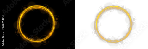 Golden glowing circle with shimmering light particles. Soft halo creates a magical luminous portal effect. Transparent PNG decoration perfect for luxury or cosmic themes.