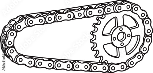 Chain and Sprocket System Black and White Line Art Mechanical Vector