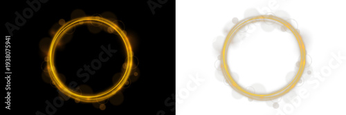 Shimmering golden circle with bright glow effect. Floating sparkles add magic and elegance. Transparent PNG decoration for festive posters and luxury compositions.