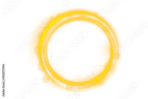 Shiny golden swirl with sparkling light dust. Radiant circle frame glows with magical halo. PNG element isolated on transparent background.