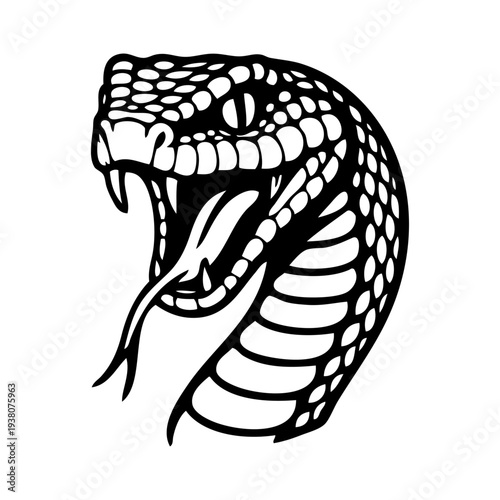 Dibujo sencillo con líneas de la cabeza de una serpiente enojada, con la boca abierta, enseñando los colmillos y la lengua bífida