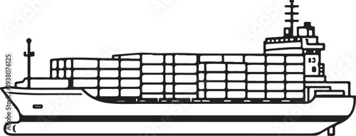 Agricultural Export Cargo Ship Black and White Line Art Vector Illustration