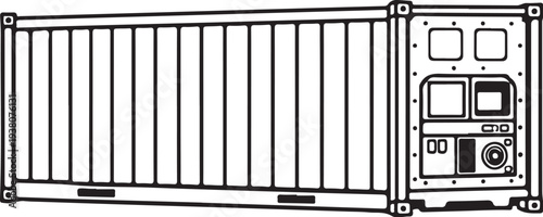 Refrigerated Cargo Shipping Container Black and White Line Art Vector Illustration