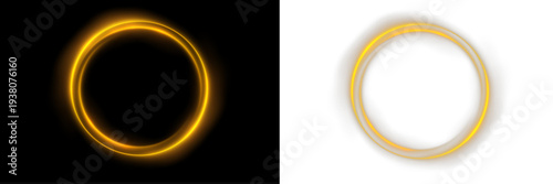 Elegant gold circle made from glowing light particles. Sparkling glitter dust forms a shining round frame. Decorative PNG overlay isolated on transparent background.