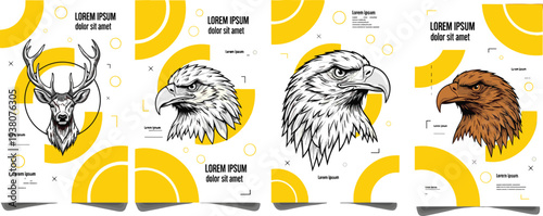 Vector illustration set of wild animal heads featuring a majestic deer and fierce eagles with yellow geometric abstract shapes on a white background.