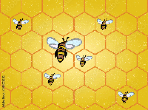 Pixel background with bees and honeycombs.