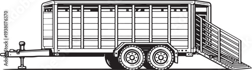 Agricultural Livestock Transport Trailer Clean Black and White Line Art Illustration