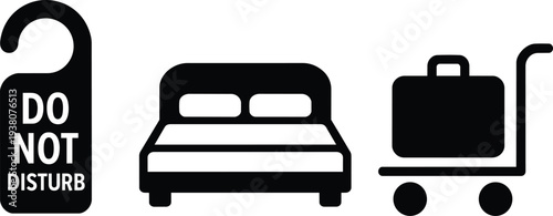 Hotel Icons: Do Not Disturb Sign, Bed, and Luggage Cart Vector Set